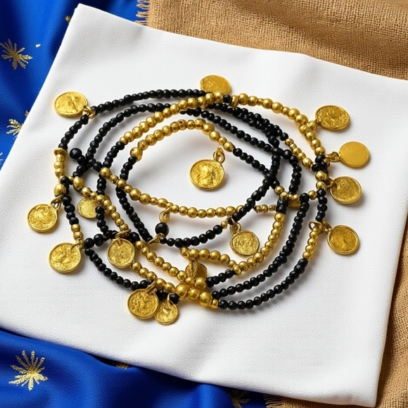 🆕 Handmade Indian Artisan Gold & Black Coin Charm 8-Piece Beaded Bracelet Set - Picture 1 of 11